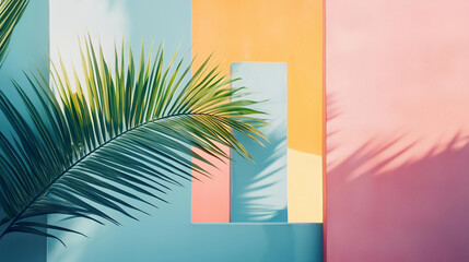  vivid tropical minimalism with colorful pastel walls in pink, yellow, and turquoise, shadow of a palm leaf casting across the composition, summer vibe, modern abstract aesthetic