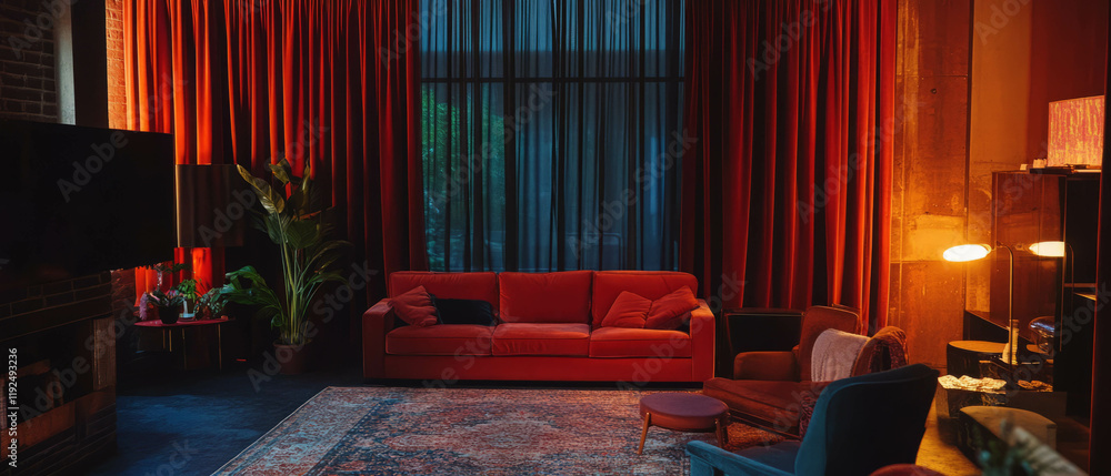 Poster sophisticated living room with velvety textures and deep colors in an elegant setting