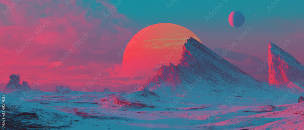 Poster vibrant celestial landscape with flowing shapes and surreal color gradients