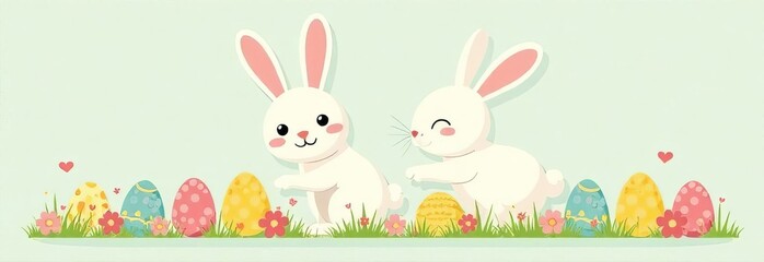 Obraz premium Cartoon easter rabbit with colorful eggs on spring grass