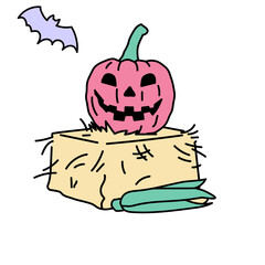 A pumpkin, a haystack, corn and a bat
