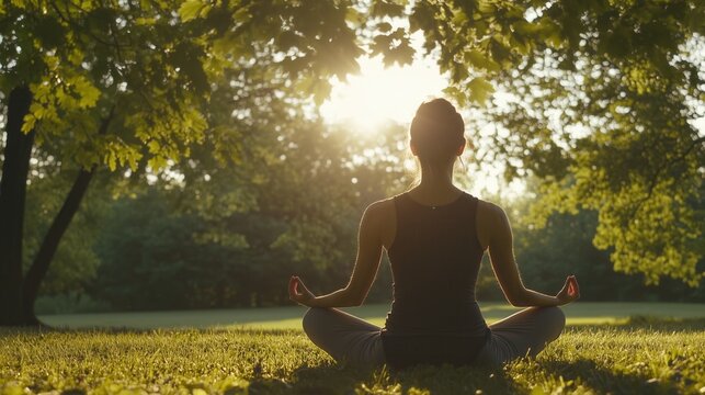 Serene Woman Practicing Yoga Outdoors Amidst Lush Green Park Scenery