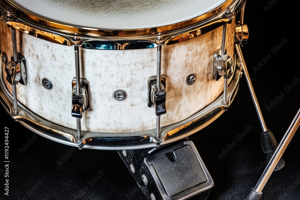 Poster a close-up shot of a drum on a black surface, suitable for music-related uses or abstract designs