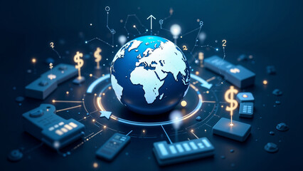 Fototapeta premium Glowing digital globe with currency symbols representing global finance and trade connectivity in a modern abstract desig