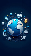 Glowing digital globe with currency symbols representing global finance and trade connectivity in a modern abstract desig