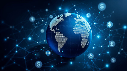Glowing digital globe with currency symbols representing global finance and trade connectivity in a modern abstract desig