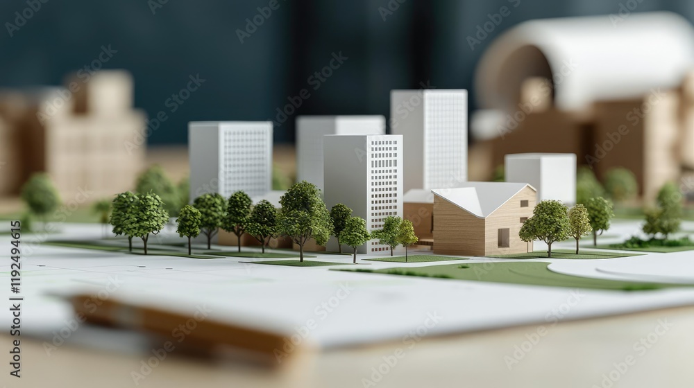 Poster architect project idea. conceptual architectural model showcasing modern buildings and green spaces.