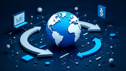 Glowing digital globe with currency symbols representing global finance and trade connectivity in a modern abstract desig