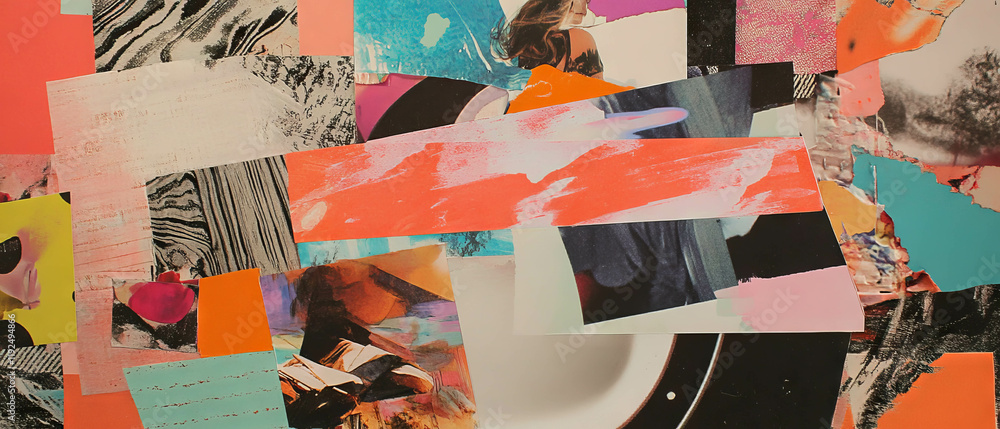 Poster Creative scrapbook layout showcasing vibrant patterns and textures in a unique collage style