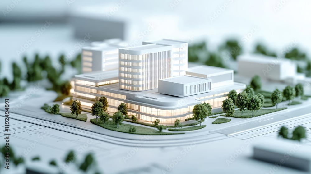 Poster architect project idea. a modern architectural model showcasing sleek design and landscaping feature