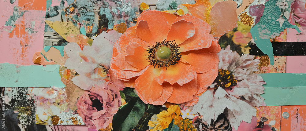 Poster Creative collage layout featuring vibrant flowers and textured patterns in scrapbook design