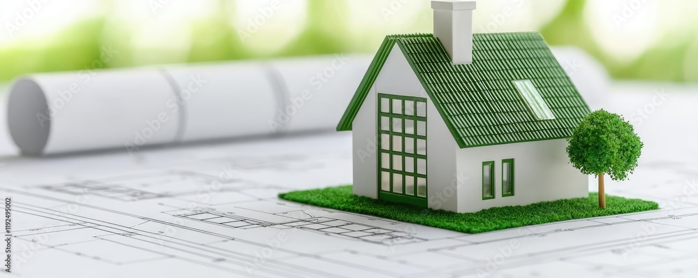 Aufkleber architect project idea. model house on blueprints showcasing eco-friendly architectural design conce