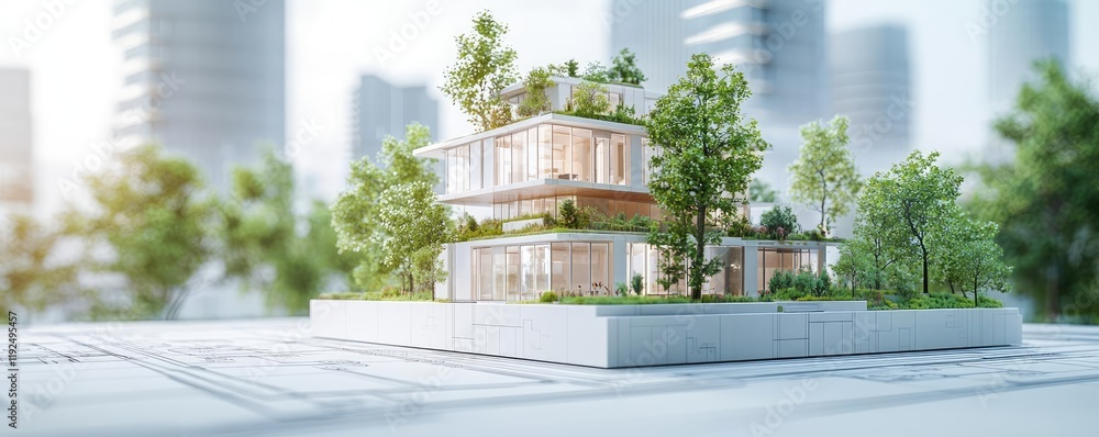 Poster architect blueprint idea. modern architectural model showcasing green building design with surroundi
