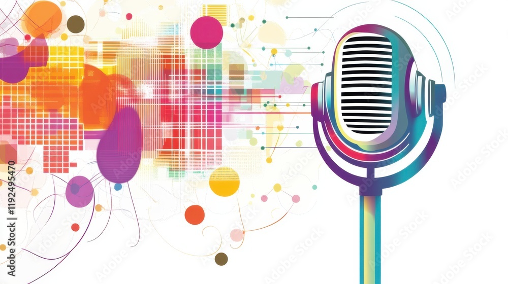 Poster colorful artistic representation of a retro microphone with vibrant sound waves and abstract shapes 