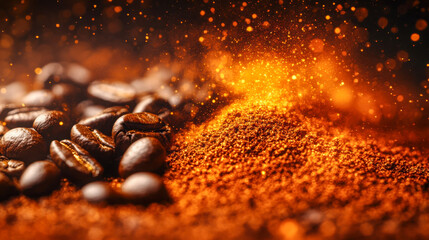 Freshly ground coffee beans mixed with coffee grounds create a rich and aromatic blend in a warm, inviting setting