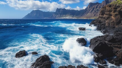Obraz premium Dramatic Ocean Waves Crashing Against Rocky Coastline With Majestic Mountain Landscape