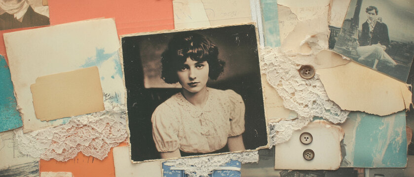 Vintage scrapbook layout featuring lace, buttons, and antique photographs for creative inspiration