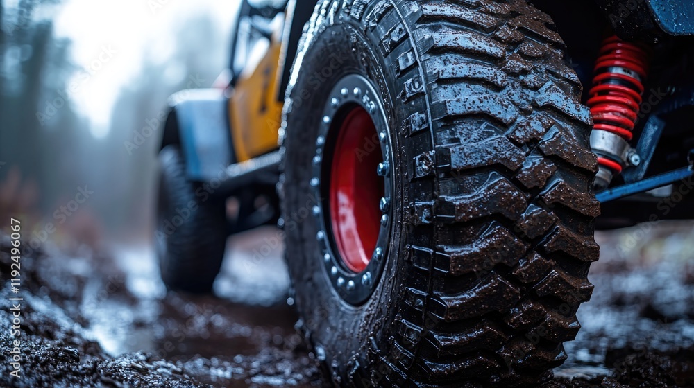 Poster a detailed view of a vehicle's tire, suitable for use in automotive or mechanical contexts