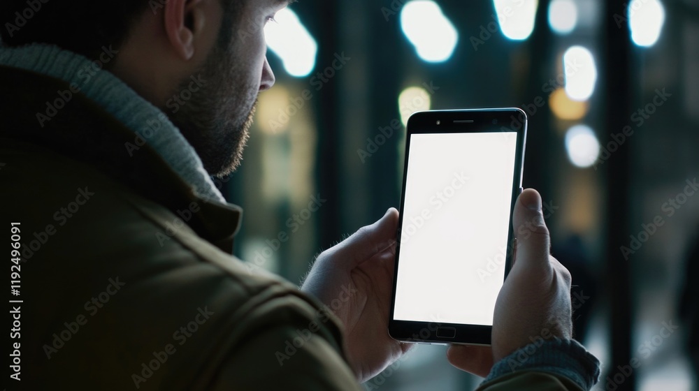 Poster a person holding a smartphone with a blank screen, possible scenarios include waiting for someone to