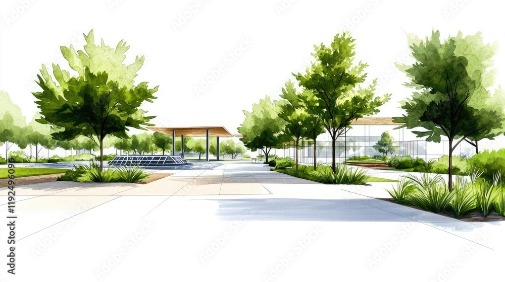 Poster Architect sketching concept. A vibrant park design featuring lush trees, pathways, and open spaces for relaxation.