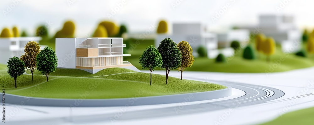 Poster architect blueprint idea. a miniature architectural model of a modern house surrounded by trees and 