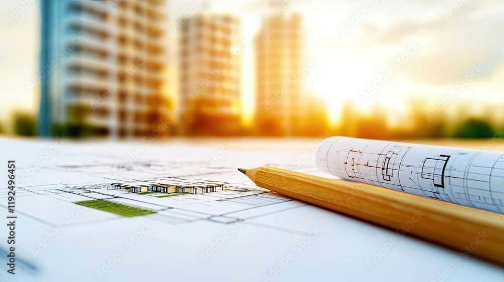 Poster architect sketching concept. architectural blueprint with pencil and buildings under sunset, represe