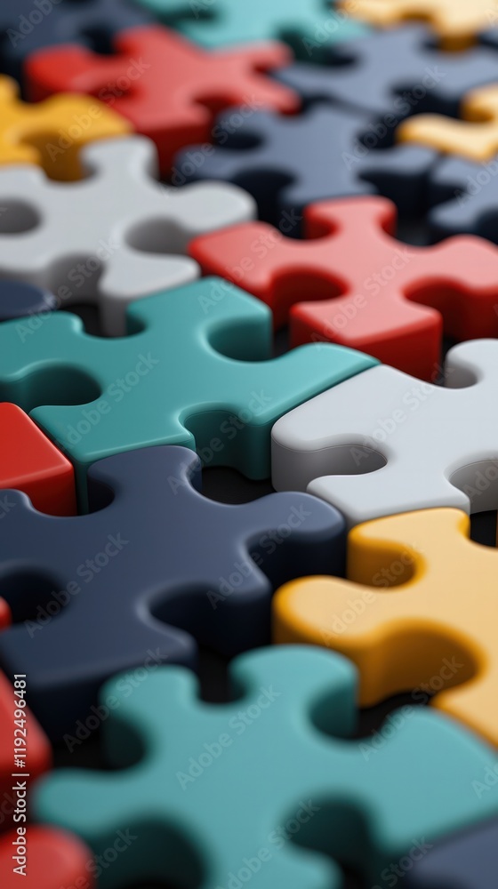 Poster a colorful arrangement of interlocking puzzle pieces, showcasing a variety of shapes and hues, creat