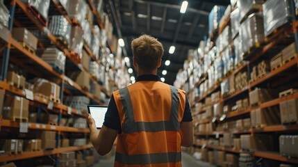 Warehouse workers use tablets to check stock levels at a logistics center. A Caucasian manager in a safety vest oversees the shipment process in the storage and distribution center.