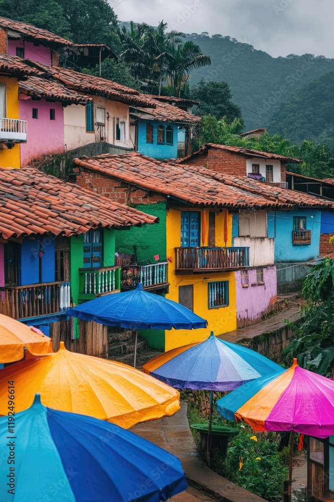 Poster A collection of brightly colored umbrellas standing in a row outside a line of houses, perfect for adding some fun and whimsy to your scene