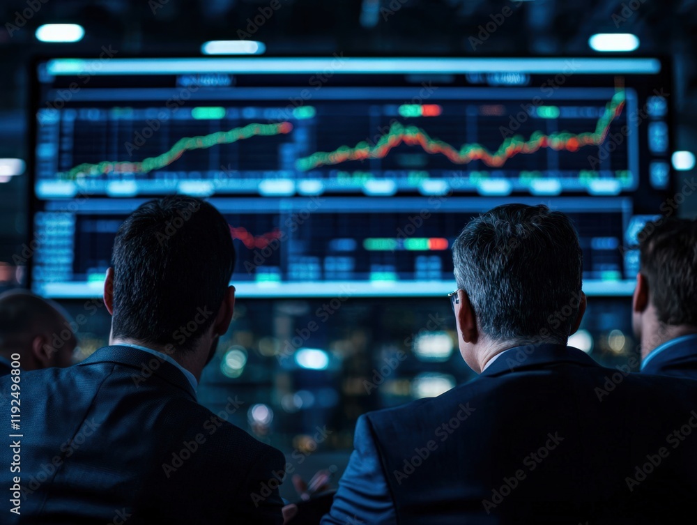 Poster a group of professionals analyzing financial data on a screen, focusing on market trends and stock p