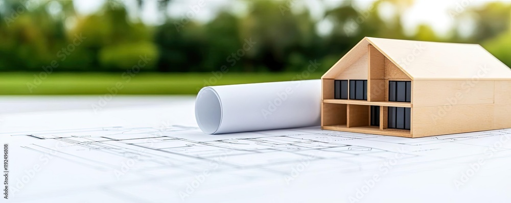Poster architect project idea. a miniature house model with architectural plans on a desk in a serene outdo