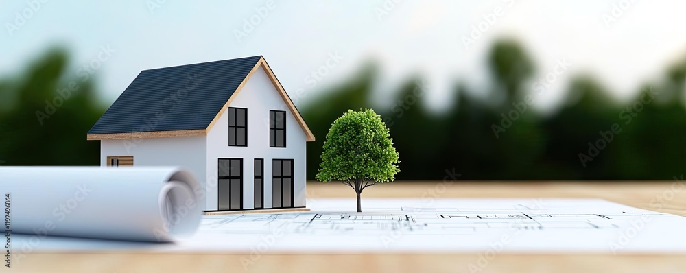 Poster Architect project idea. Scale model of a house on blueprints with a tree, symbolizing sustainable architecture.