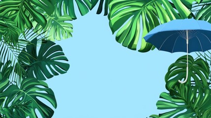 Tropical leaves and a blue umbrella on a light blue background