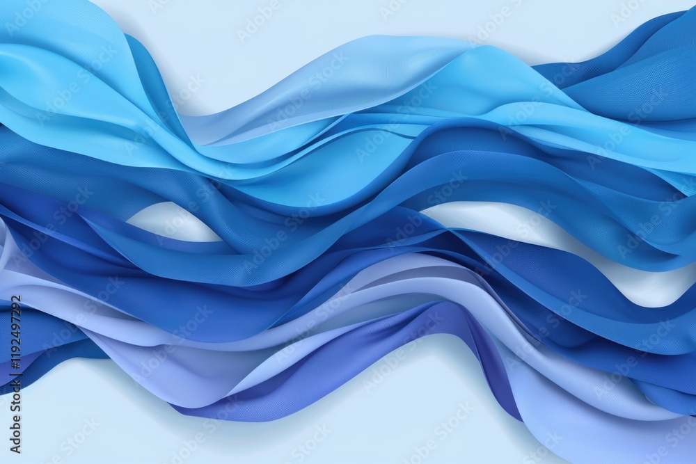 Poster flowing blue gradient fabric layers creating abstract waves on light blue background