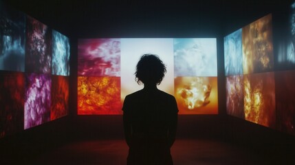 Silhouette of a Person Viewing Artistic Visuals on Large LED Screens in Dark Immersive Environment