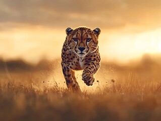 Animal Environmental Sciences Technology concept. A cheetah runs swiftly through golden grass under a dramatic sunset sky, showcasing its elegance and speed in a natural habitat.