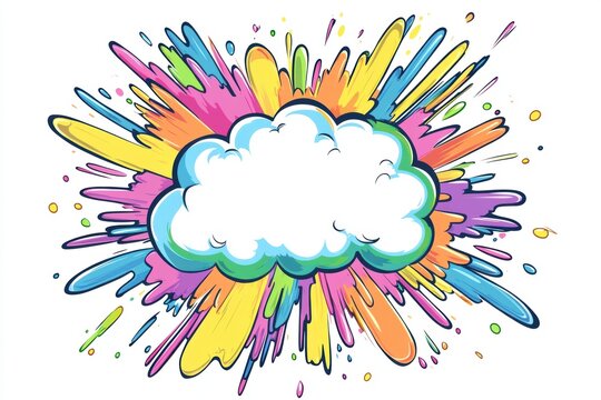 A whimsical illustration of a white cloud surrounded by vibrant, colorful paint splashes