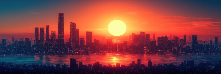 Fototapeta premium Minimalist city skyline at dusk, featuring sleek silhouettes, soft gradient hues, and a serene atmosphere, perfect for modern aesthetics.