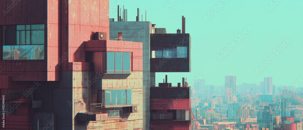 Poster pixel art style buildings showcase blocky textures and simple shapes in a vibrant cityscape