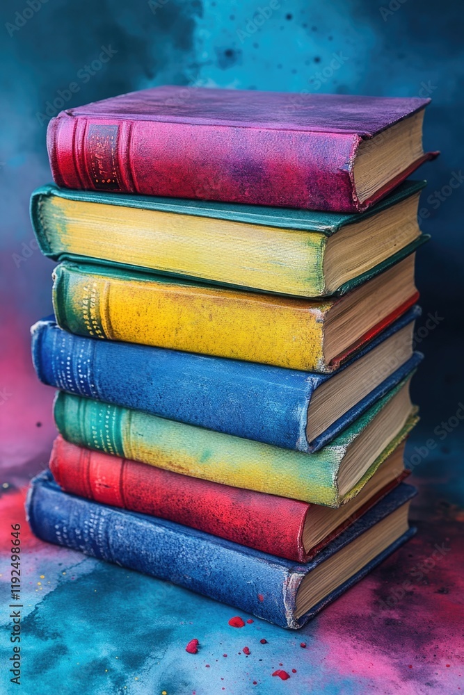 Poster a collection of books stacked on top of each other, great for background or decorative use