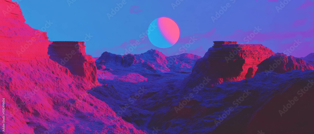 Poster vibrant pixelated landscape with abstract shapes under a colorful sky at twilight