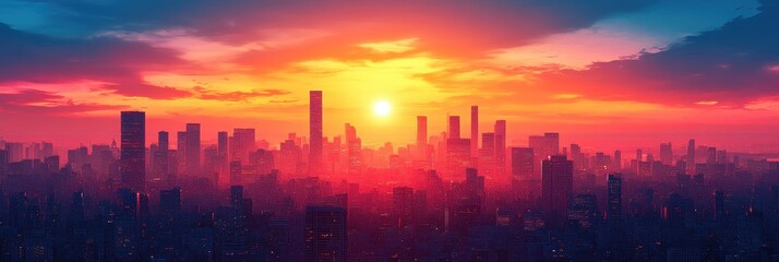 Fototapeta premium Minimalist city skyline at dusk, flat design, serene colors, urban simplicity, modern aesthetic, tranquil evening atmosphere