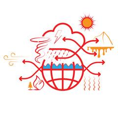 Dynamic climate change illustration featuring global elements: storms, floods, heatwaves, melting glaciers, and wildfires. Perfect for environmental articles, education, and sustainability campaigns.