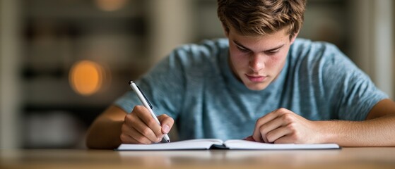 Naklejka premium A focused young man writes in a notebook, surrounded by a warm, blurred background, showcasing a study or creative environment.