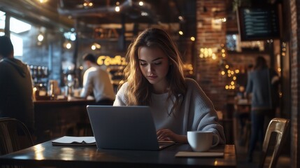 Fototapeta premium Young Woman Working on Laptop in Cozy Café Setting with Warm Atmosphere