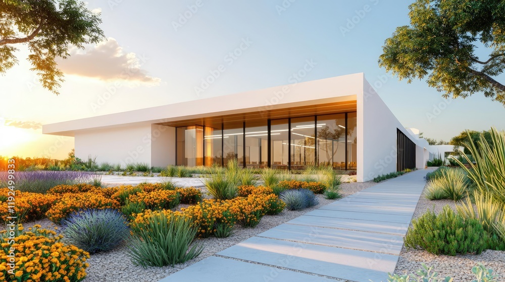 Poster architect blueprint idea. modern architecture with vibrant landscaping and clear blue skies, showcas