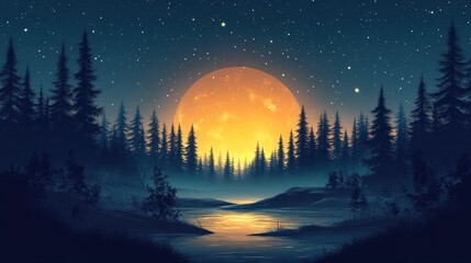 Naklejka premium Moonlit Forest Serenity, a tranquil scene of a minimalist forest under a starry sky, evoking calmness and wonder in nature.