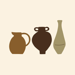 Handmade Aesthetic Clay Pottery Ceramic Vases. Different Pottery Shape Silhouette Decor. Hand Drawn Vector Illustration