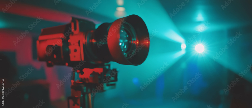 Poster retro projector casting warm light in a vintage setting with ambient tones