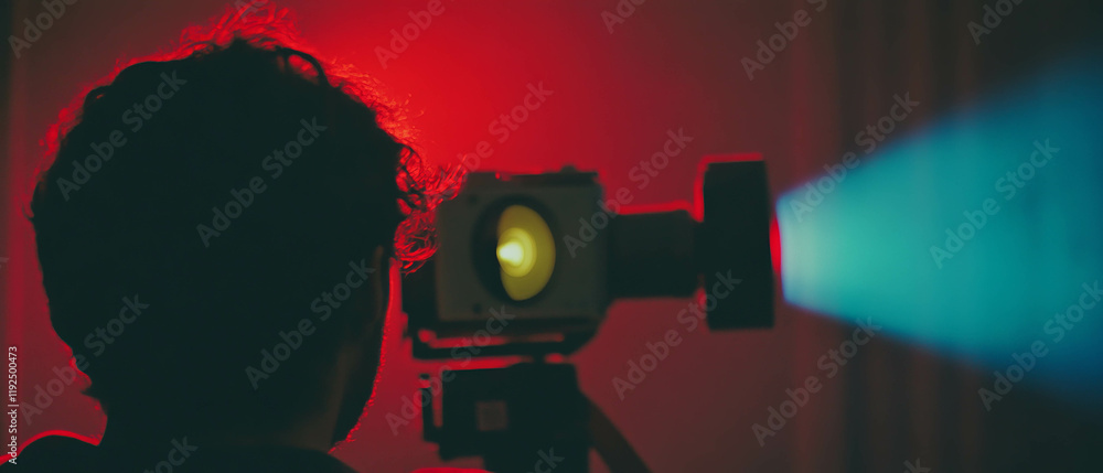 Poster retro projector casting colorful light in a dimly lit room